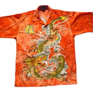 Vintage Korean Dragon Print Button Up